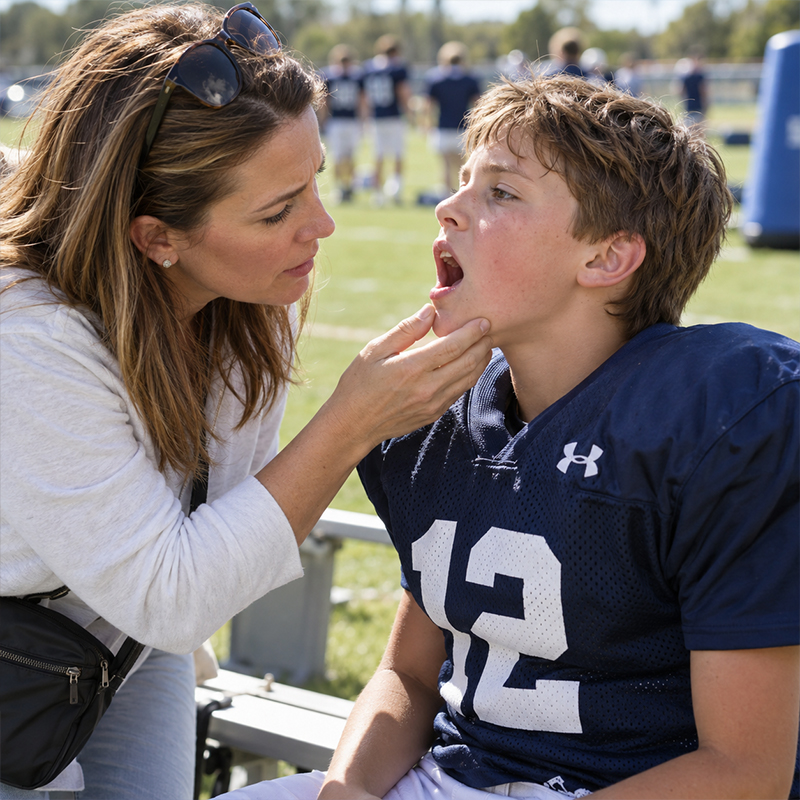 A mother examining her teen who may have a dental emergency in Parker, CO