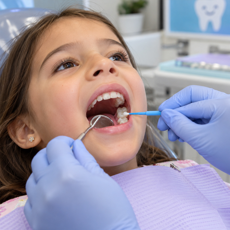 Young girl in a dental chair receiving dental sealant treatment on her teeth