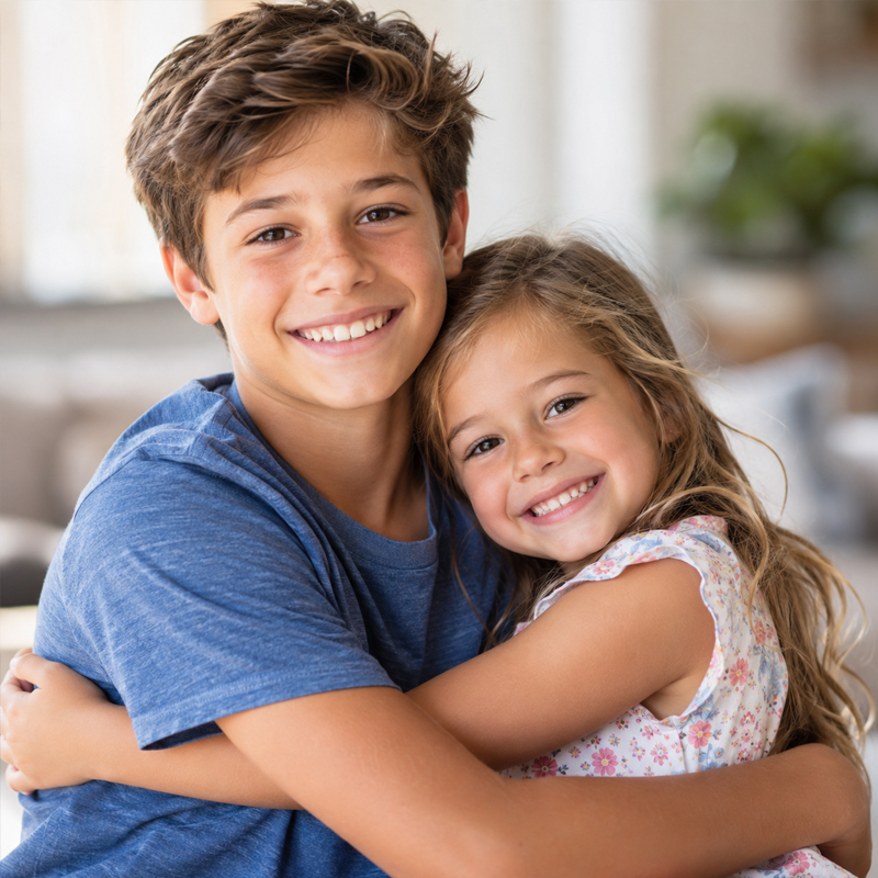 Brother and sister smiling together to represent restorative dentistry and healthy smiles for kids